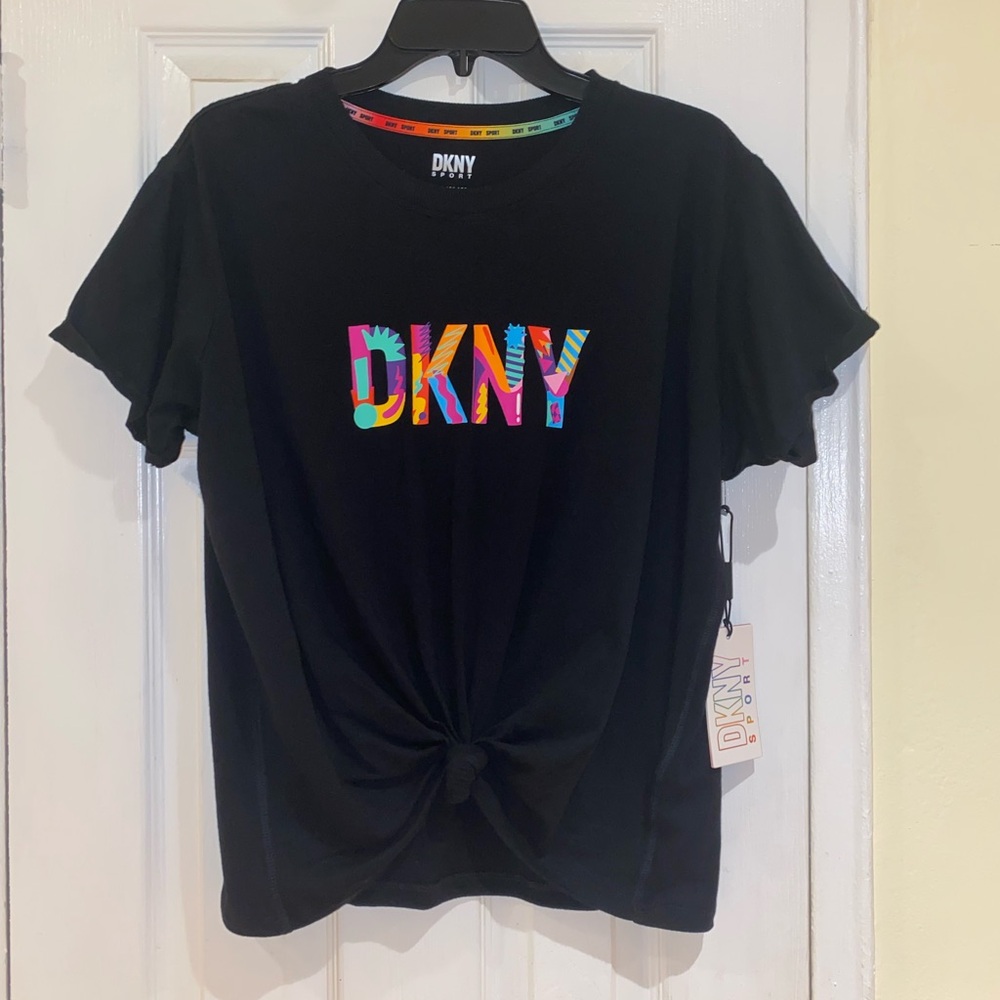 DKNY Logo Sport T-Shirt, Front Knot Detail, Black Multicolor, Size M - Picture 1 of 10